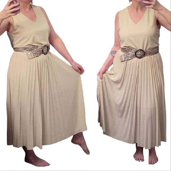 Mango Heathered Cream Color Pleated Sleeveless Midi Dress LARGE - Picture 9 of 17